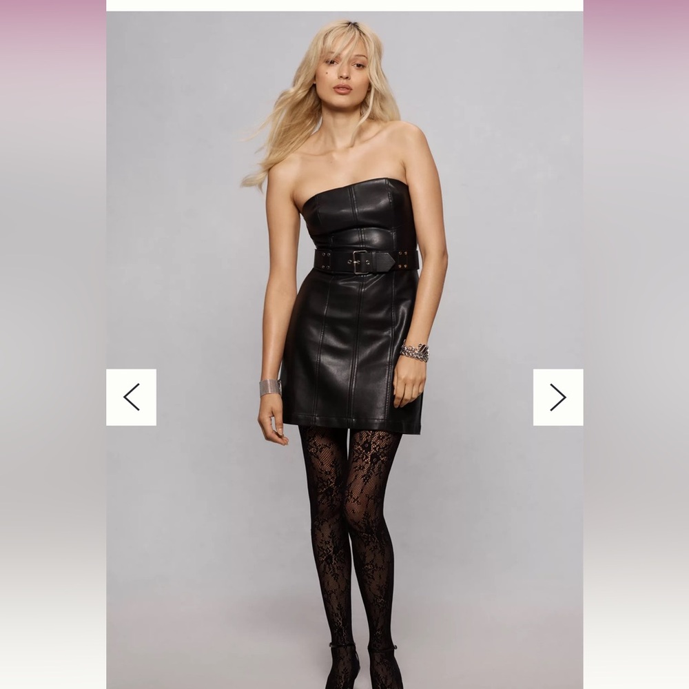 By Anthropologie Strapless Faux-Leather Buckle Dress‎